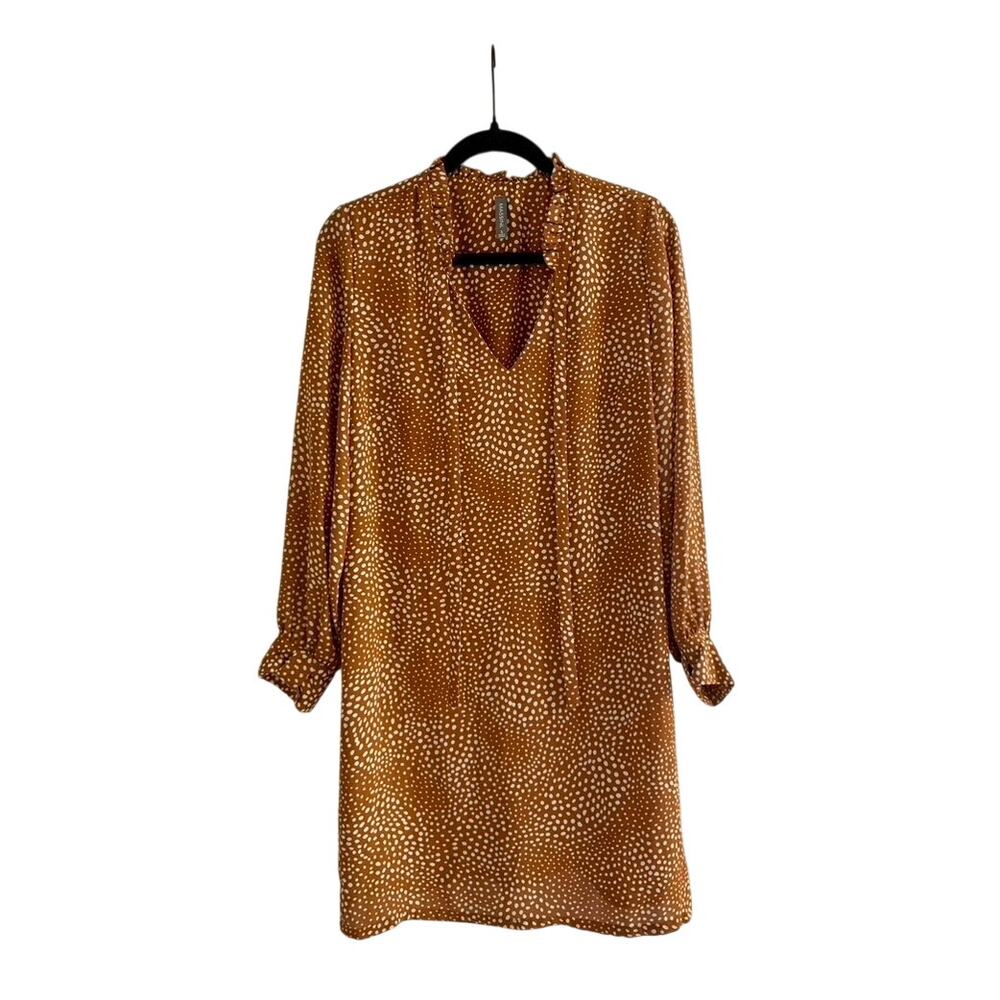 Womens Camel Brown Polka Dot Shift Dress Ruffle Neck Tie V Neck Size Small